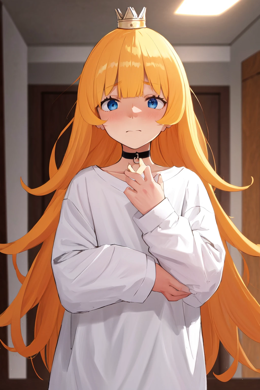 masterpiece, best quality, highres, 1girl mini crown, choker white shirt oversized shirt <lora:goumon_hime:1> scared