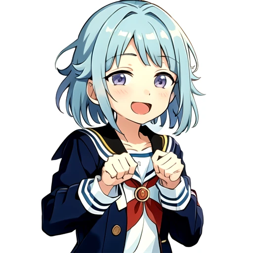 <lora:HajimeES-08:0.8>, hajimees, looking at viewer, blush, smile, open mouth, simple background, long sleeves, school uniform, jacket, upper body, :d, sailor collar, chibi, own hands together, black background