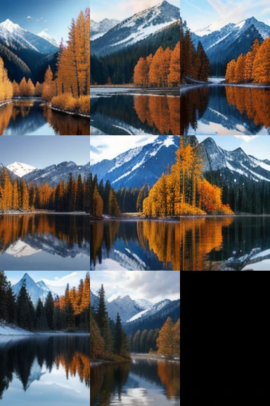 log cabin, wooden boat, autumn forest on the slope of a snow covered mountain, small lake the reflects the sun shining over the mountain, godrays, a few cute clouds, (masterpiece:1.2), best quality, (hyperdetailed, highest detailed:1.2), high resolution textures,