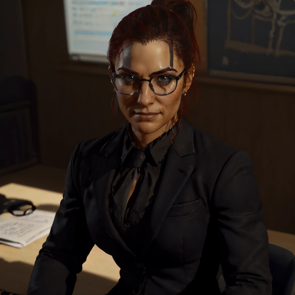(((upper body, sitting behind a desk, waering a black suit, glasses)))<lora:D4FemBarbLoRA:0.8> fembarbarian, ponytail, beautiful eyes, beautiful girl, high detail skin, high detail eyes, high detail hair, highres, ultra detailed, sharpen picture, Highly detailed, masterpiece, best quality, photorealistic, big smile