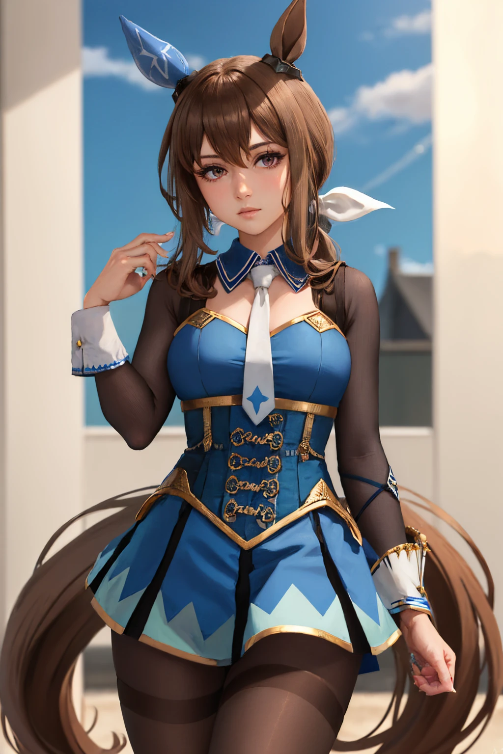 (masterpiece, best quality:1.2), solo, 1girl, admirevega, expressionless, looking at viewer, ponytail, horse ears, ear covers, blue dress, necktie, pantyhose, horse tail <lora:umamusume_admirevega-10:1>