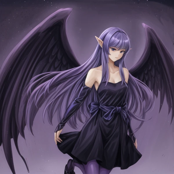 <lora:Night_Wing_Sorceress_v1:1>Night Wing Sorceress,1girl,purple hair,purple eyes, pointy ears, tsurime, black dress,pantyhose, sleeveless, fingerless gloves,waist ribbon,feathered wings, long dress,upper body,, <lora:flat2:-0.5> ,<lora:flatBG:-0.5> ,<lora:hyperdetailer_v095:0.2>,(dark light:1.0),(hyper extreme detailed),(masterpeace:0.5),(hyper extreme),(photorealistic),game cg,llustration,novel illustration,beautiful lighting,light from the front,good_hands,beautiful art ,BREAK