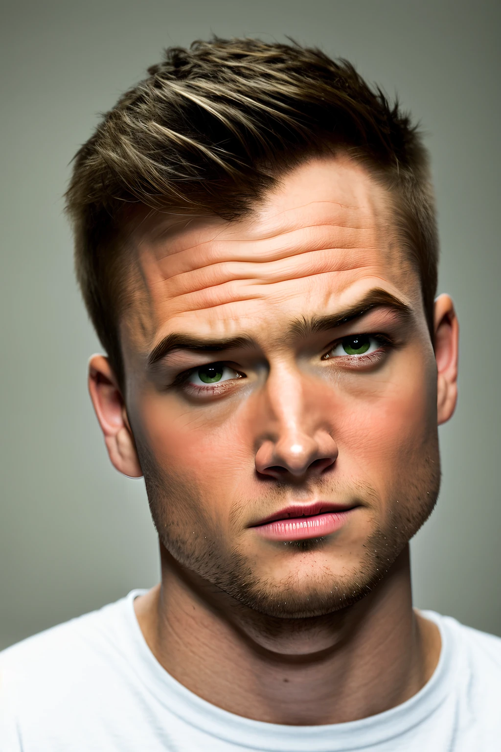 portrait of a guy, masculine, realistic, upper_body, face focus, blurry background, white shirt 1man, TaronEgerton, <lora:Taronegerton:0.7>, simple background, studio background, (masterpiece, best quality:1.5), (masterpiece,best quality:1.5)