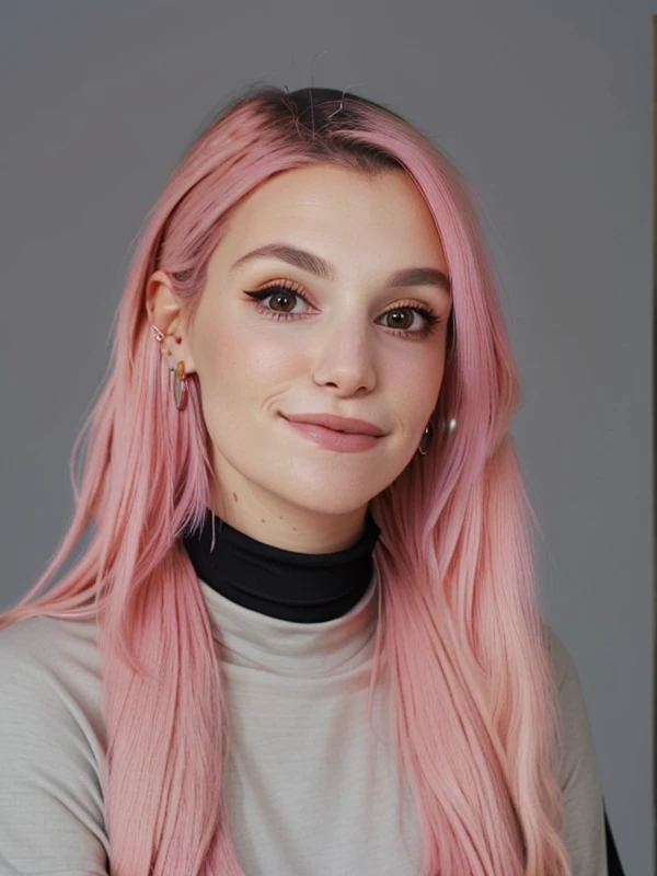 gquality, <lora:marzia-10:1> marzia, 1girl, solo, looking at viewer, smile, simple background, shirt, pink hair, earrings, grey background, black shirt, turtleneck, portrait, realistic