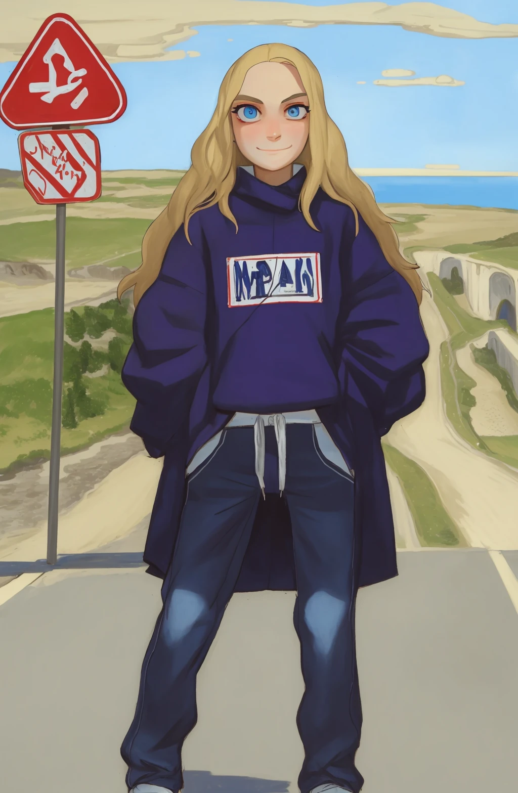 Mossacannibalis,Mossacannibalis Style,Mossacannibalis \(Artist\), 1girl, Road Sign Blue eyes, smile, portrait shot, closed mouth, looking at viewer, long hair, pants, background: Scenic coastal cliffs, <lora:Mossacannibalis-Style_V2:1>
