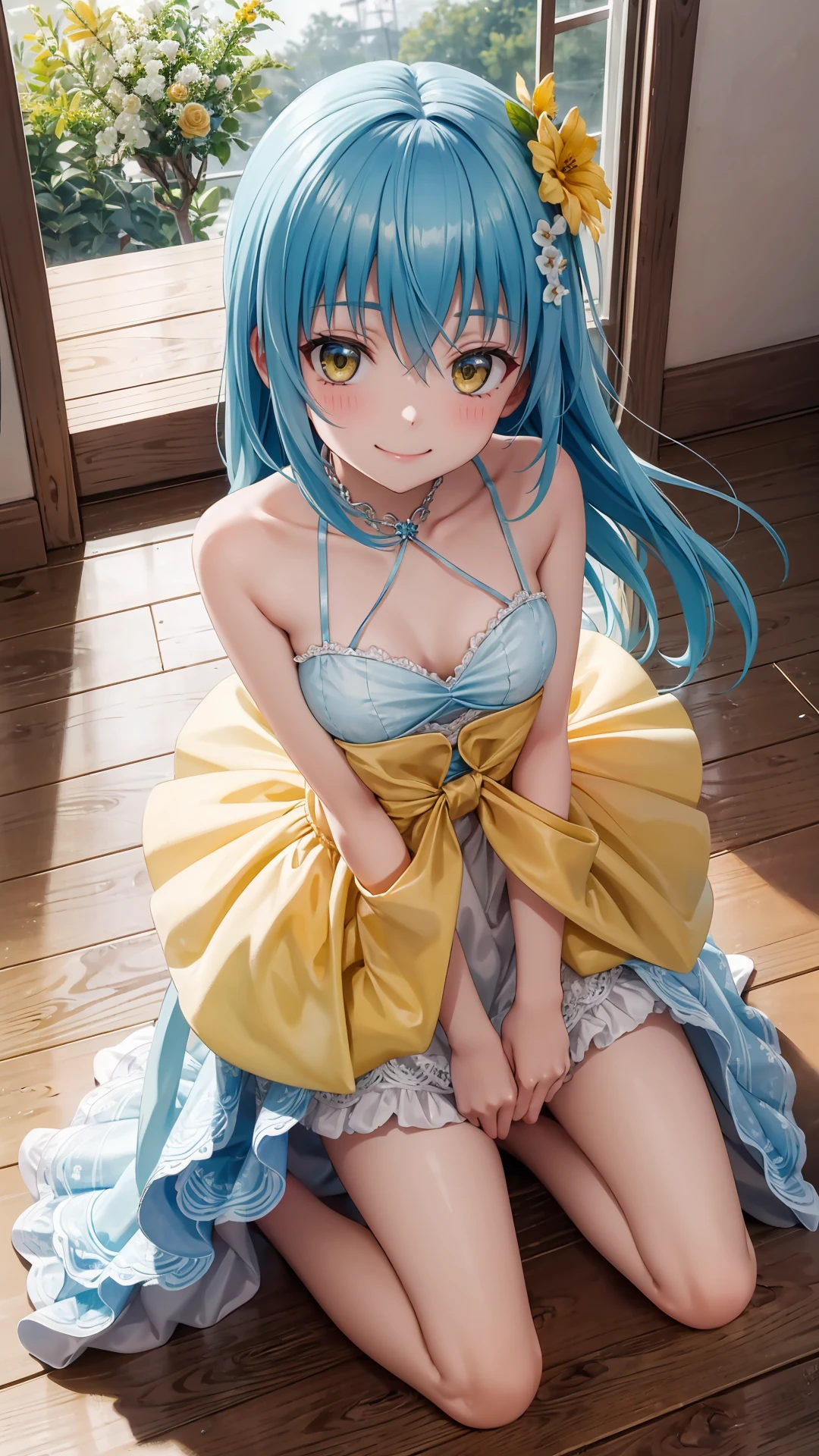 anime girl sitting on the floor with a flower in her hair, beautiful anime girl, pretty anime girl, cute anime girl, attractive anime girl, an anime girl, seductive anime girl, young anime girl, anime girl,  in a yellow hot dress, anime visual of a cute girl, cute anime waifu in a nice yellow hot dress, realistic young anime girl, beautiful anime portrait, beautiful, hot, blonde hair 