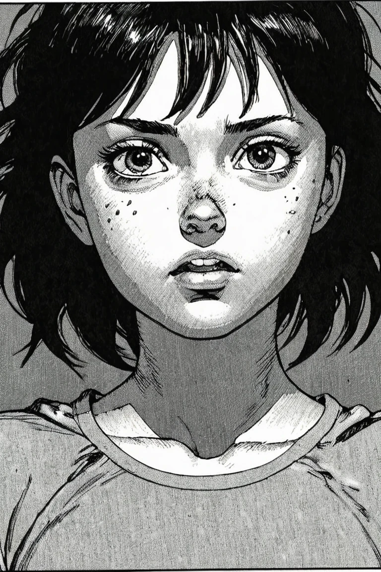a black and white comic book illustration of a girl, style akirabw <lora:Akira_BW_Comic_Style_XL:1>