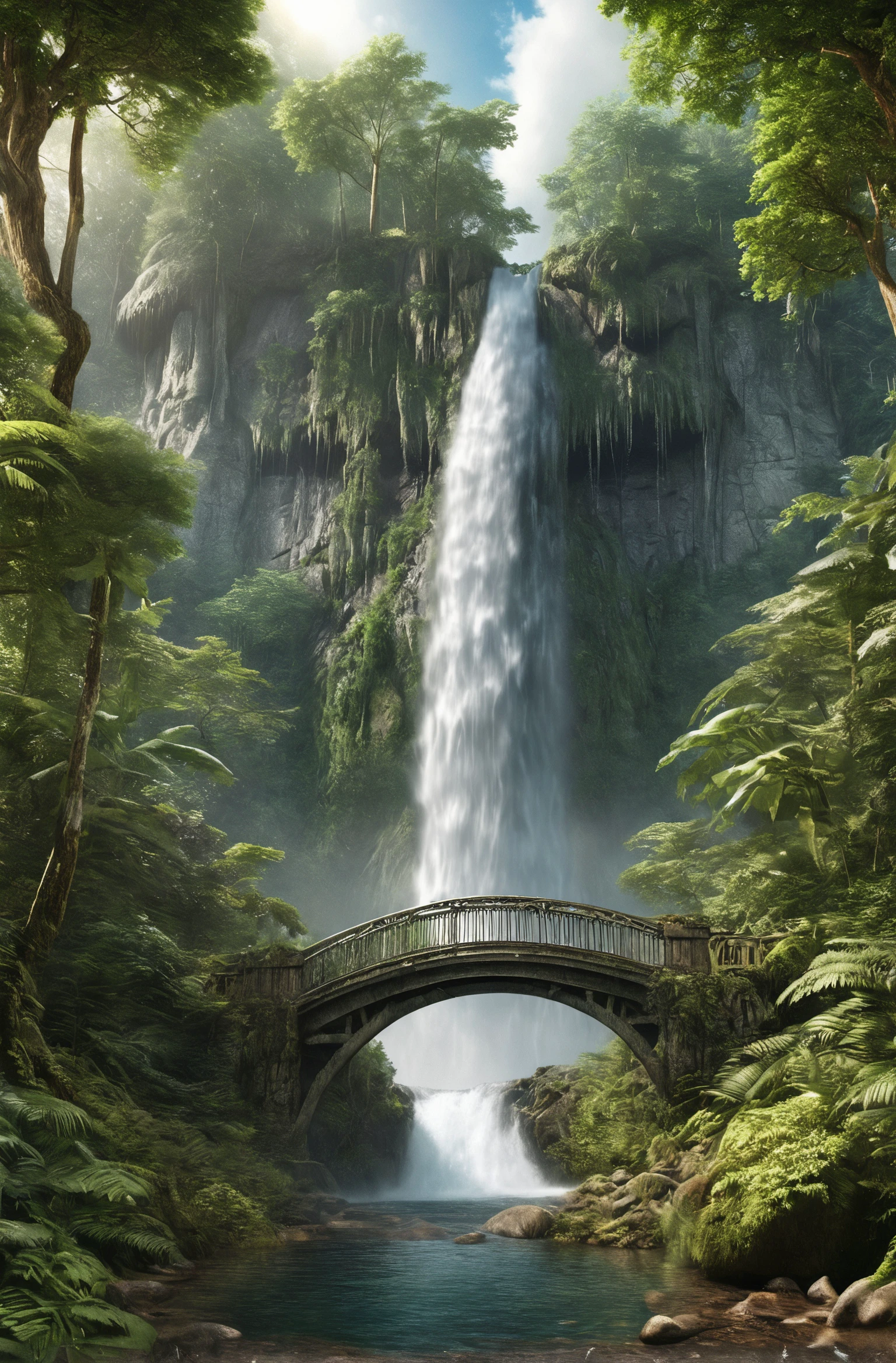 Hyperrealistic art a waterfall in the forest with a bridge over it, a matte painting by Michael James Smith, shutterstock contest winner, magic realism, beautiful stunning waterfall, peaceful beautiful waterfall, stunning waterfall . Extremely high-resolution details, photographic, realism pushed to extreme, fine texture, incredibly lifelike