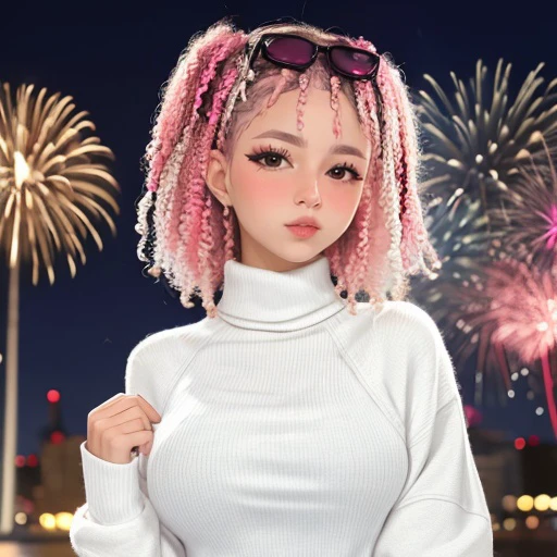 <lora:larissaK_sd15_512_128_64_v1:1>larissaK,1girl,looking at viewer, new years eve party fireworks in background, wearing a turtleneck sweater