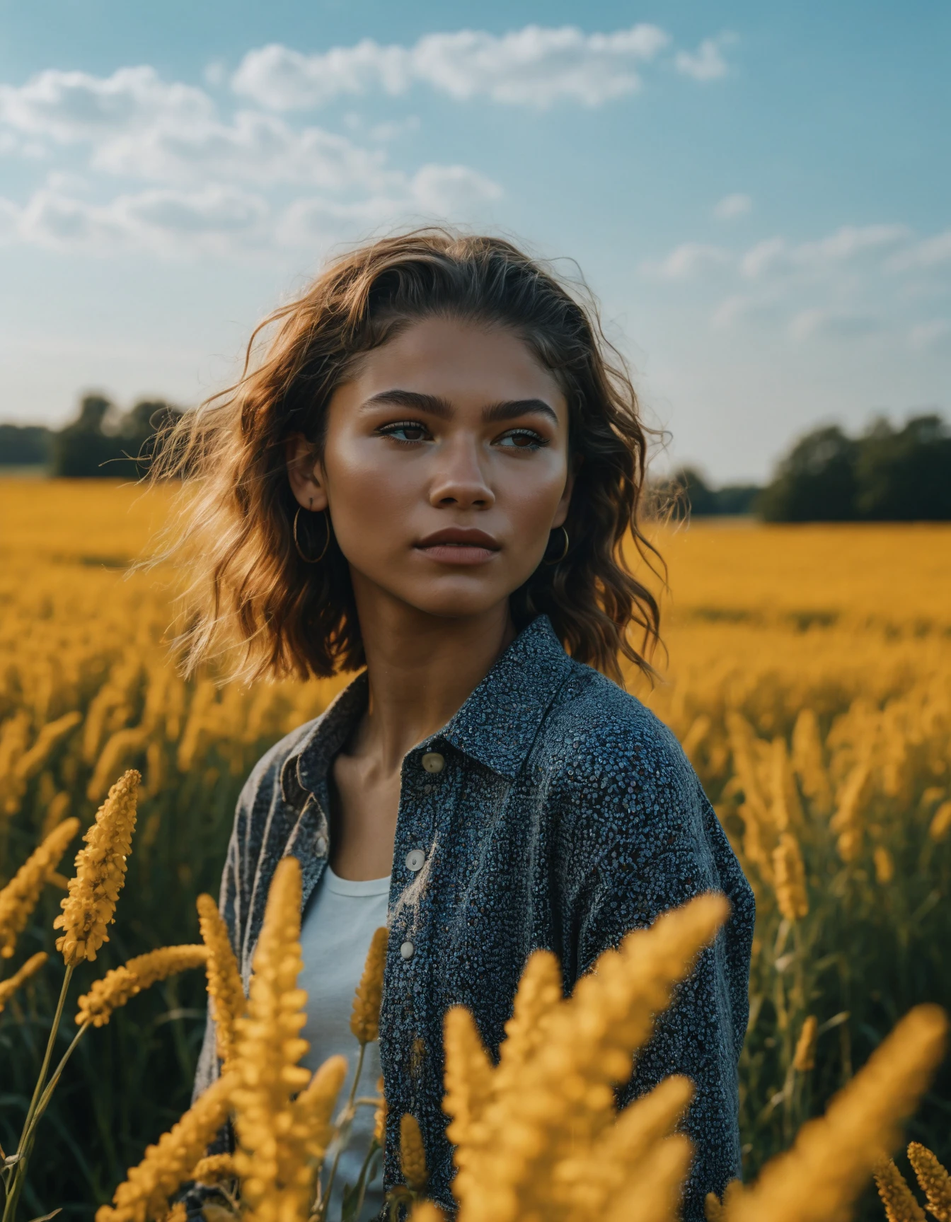cinematic photo RAW candid cinema, ((ohwx woman)) portrait in a field, 16mm, ((remarkable color)), (ultra realistic) <lora:zendaya_dh128_v1-step00009000:1> . 35mm photograph, film, bokeh, professional, 4k, highly detailed