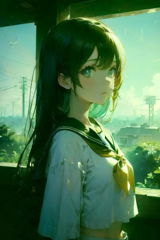 shine light,1girl,sky,(serafuku:1),solarpunk,beautiful and aesthetic,cupidtech,long hair,<lora:Electronic Patina:1.5>,