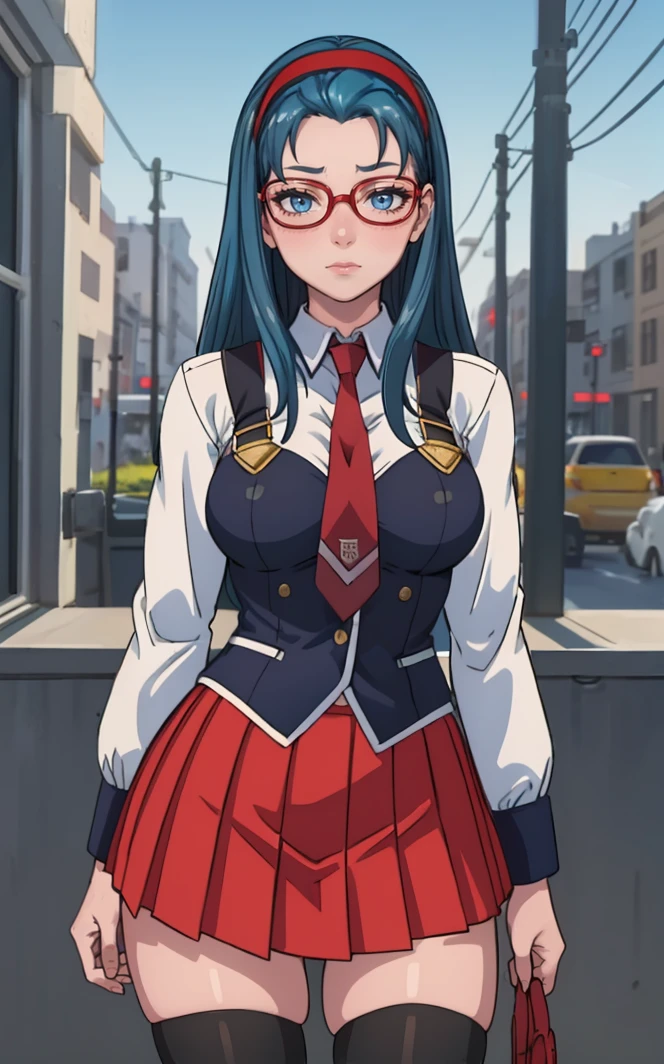 SchoolUniform_JunkoMochida_ownwaifu, ,
1girl, blue hair, long hair, glasses, hairband, large breasts, blue eyes,
school uniform, red necktie, vest, red skirt, pleated skirt, zettai ryouiki, thighhighs, legs,
<lora:FAP_BibleBlack_JunkoMochida_ownwaifu:0.8> ,
((masterpiece)),((best quality)),(highres), bokeh, depth_of_field, spotlight, scenery, looking at viewer, solo, contrapposto, cowboy shot,