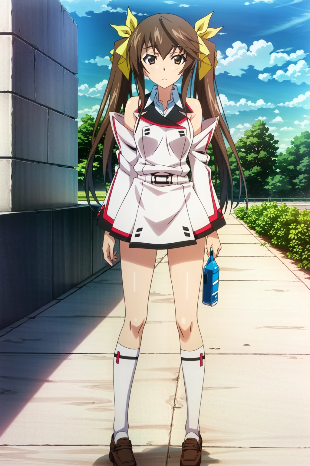 (extremely detailed CG unity 4k wallpaper),(masterpiece),(best quality),(ultra-detailed),(best illustration),(best shadow),(absurdres),(detailed background), <lora:OGT_RIn-v1:1> Huang Lingyin, Rin, 1girl, solo, brown hair, long hair, twintails, bottle, school uniform, detached sleeves, ribbon, towel, hair ribbon, kneehighs, water bottle, socks