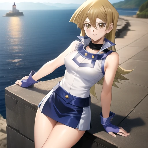 ((masterpiece)),(best quality),official art,extremely detailed CG,unity 8k wallpaper,ultra detailed,A lighthouse on a cliff by the sea,1girl,solo,cowboy shot,looking at viewer,tenjouin asuka,duel academy uniform (yu-gi-oh! gx),long hair,smile,fingerless gloves,brown eyes,sleeveless,blonde hair,blue skirt,blue gloves,medium breasts,miniskirt,shiny hair,school uniform,brown hair,hair between eyes,blue footwear,<lora:Tenjoin Asuka(ygo)>,