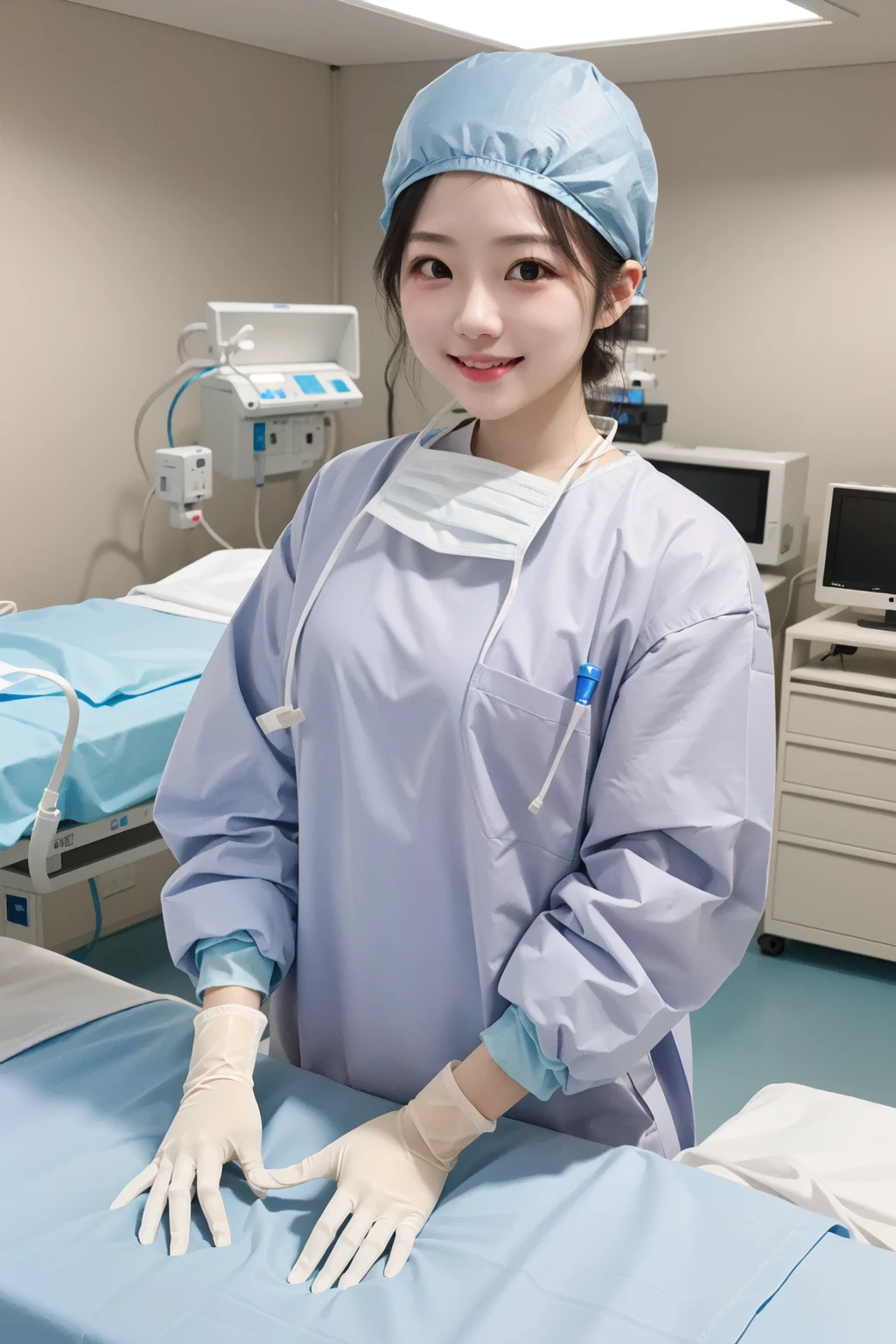 (RAW photo, best quality), 1girl, long sleeve surgical outfit, surgical gloves, surgical cap, operating room, overhead surgical light, light smile,
<lora:concept_surgical_mask_open_v2_1:1> surgical_mask_open, completely_undone,