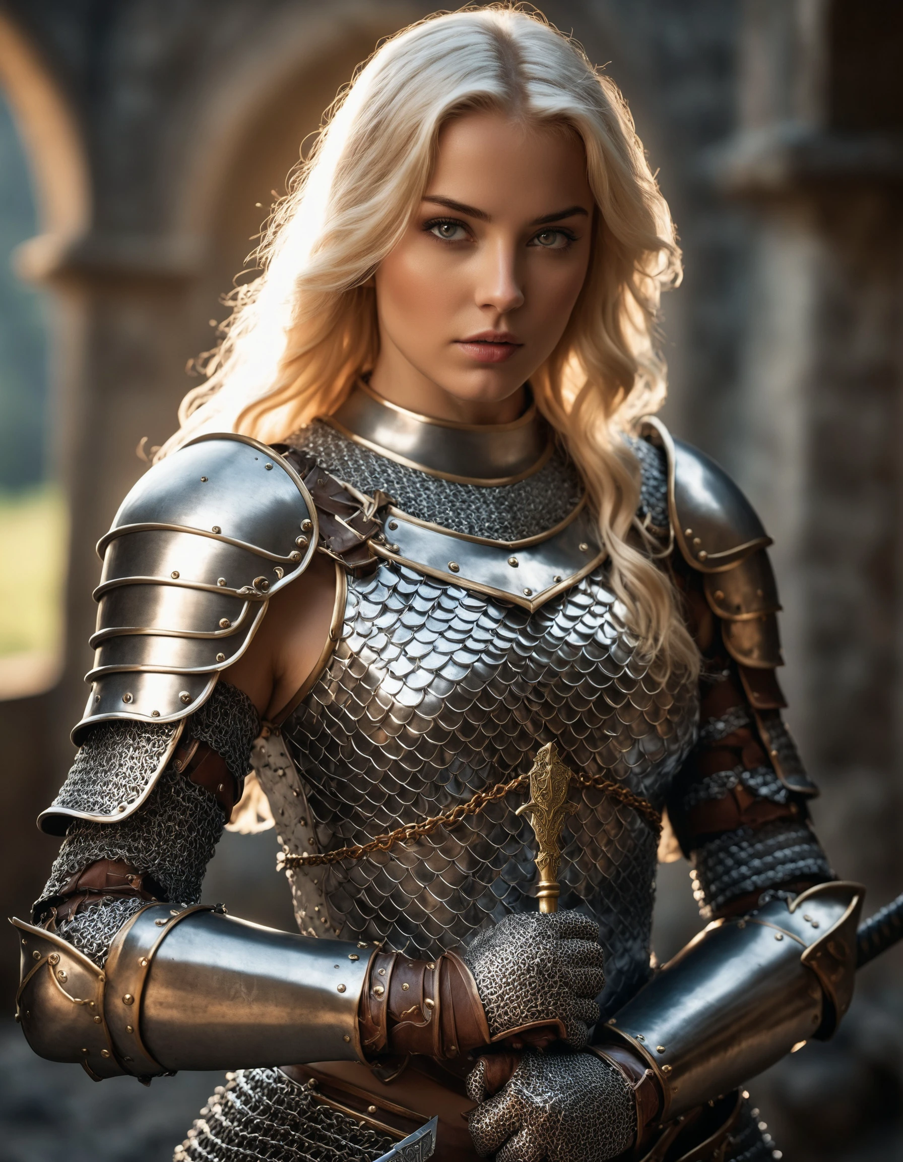 Hyperrealistic art cinematic photo Hyperrealistic art a woman in a chain dress holding a sword, female medieval knight, bikini armor female knight, medieval female warrior, girl in knight armor, beautiful female knight, female armor, wearing chainmail armor, medieval armor, fantasy paladin woman, medieval armour, female knight, medieval wear, of a beautiful female knight, a sexy blonde warrior, armor girl, chainmailgloves . 35mm photograph, film, bokeh, professional, 4k, highly detailed
. Extremely high-resolution details, photographic, realism pushed to extreme, fine texture, incredibly lifelike