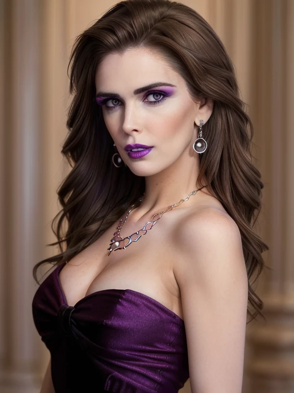 gquality, <lora:canosa:1> canosa, 1girl, solo, brown hair, looking to the side, jewelry, earrings, parted lips, necklace, realistic, makeup, lipstick, eyeshadow, from side, bare shoulders, dress, black dress, purple lips