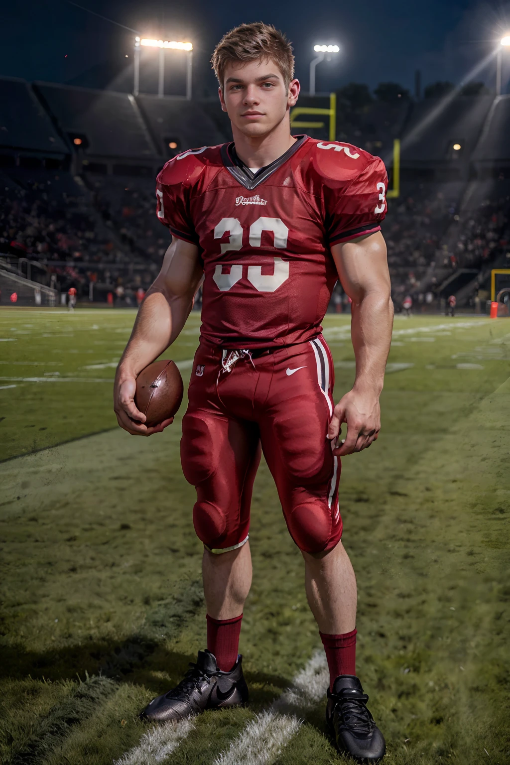 On a football field, holding a football, JohnnyRapid, American football player wearing (red football uniform), red jersey, (((full body portrait))), full body shot, wide angle <lora:JohnnyRapid:0.8>
