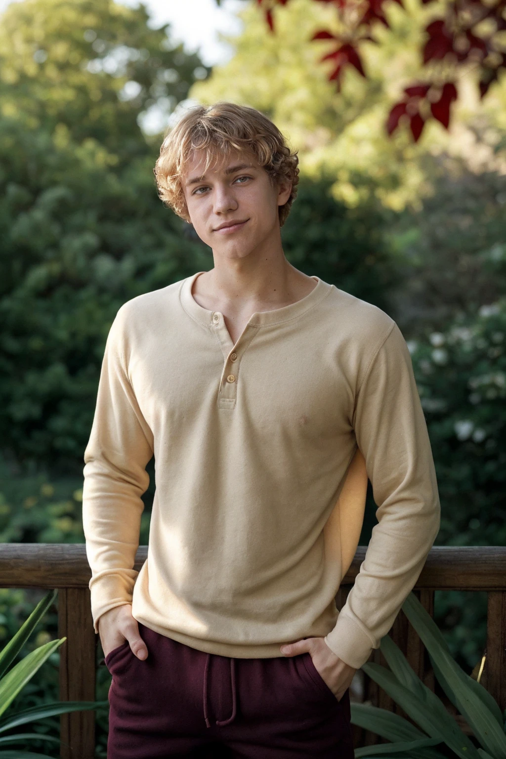 male focus, photo of wn_lndbrg <lora:owen_lindberg-07:0.85>, wearing a fitted burgundy henley shirt and slim-fit chinos,, blurred background, blurred greenery, golden hour, natural lighting, relaxed confident expression, soft diffused lighting, key light, rim light, relaxed and natural mood, wooden fence and foliage in the background