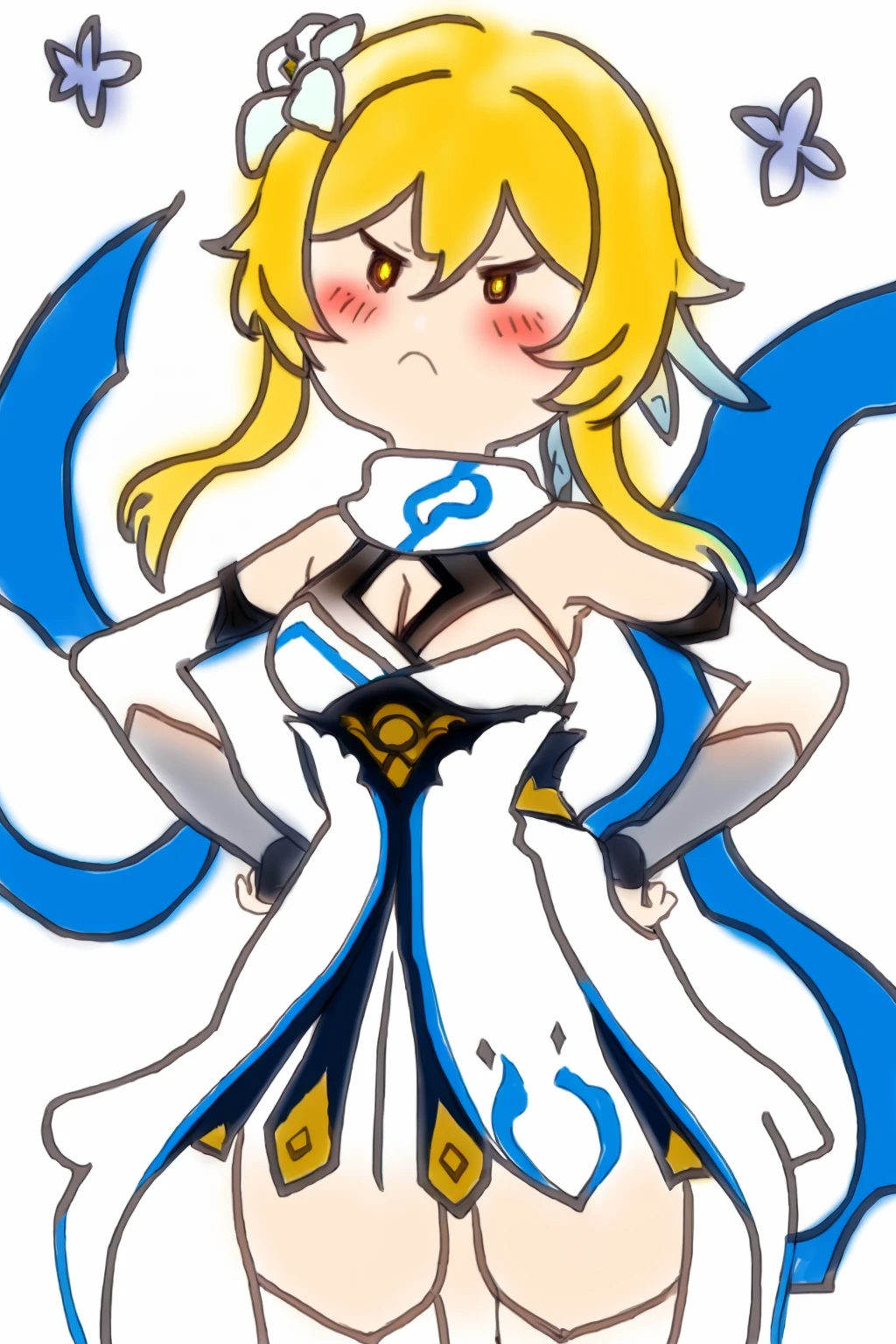 masterpiece, best quality,<lora:style22:1>,sketch,   <lora:lumine:1>,1girl, lumine (genshin impact), solo, blonde hair, flower, dress, hair flower, hair ornament, breasts, yellow eyes, white dress, thighhighs, white background, bare shoulders, detached sleeves, bangs, simple background, hair between eyes, thighs, white thighhighs, hands on hips, anger vein, white scarf, medium breasts, sidelocks, blush, closed mouth, white flower, short hair with long locks, gloves, scarf, pout, cleavage, small breasts, cropped legs, standing, cowboy shot, sleeveless dress, short hair