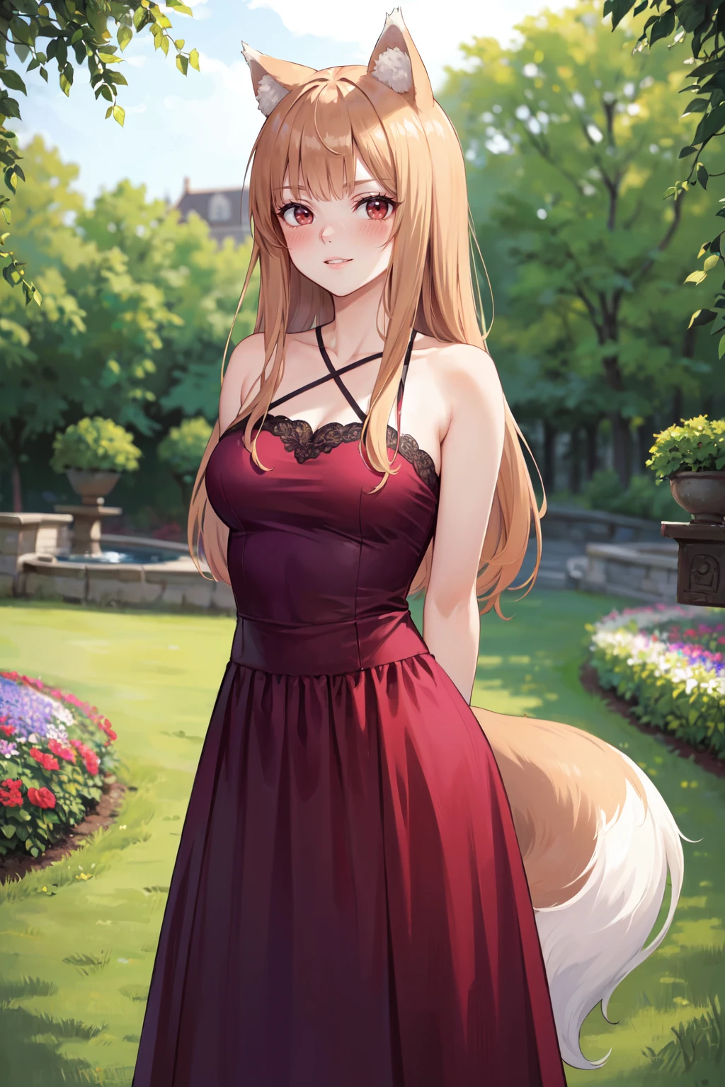 (masterpiece, best quality, ultra detailed), (detailed background, complex background:1.2), ((full-face blush)), (perfect face, detailed face), parted lips, smirk
(outdoors, garden, flowers, standing, arms behind back, )
<lora:holo-10:0.8> holo, 1girl, long hair, animal ears, wolf ears, wolf girl, tail, wolf tail, looking at viewer, medium breasts, dress,