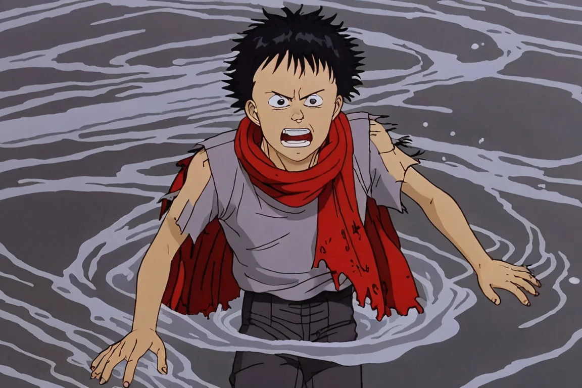 a frame of a animated film of a man walking through the water with a ragged red scarf , style akirafilm <lora:Akira_Film_Style_XL:1>