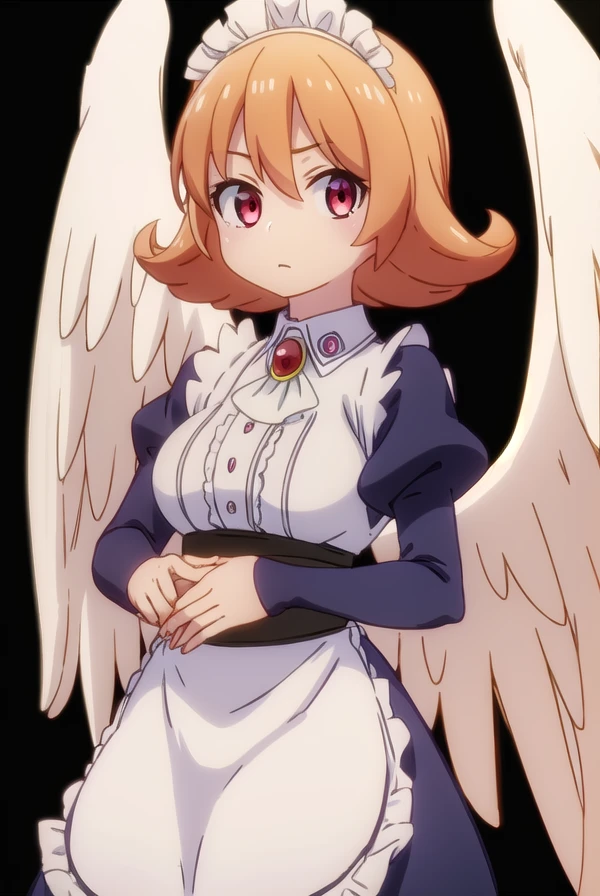 meidri, <lora:meidri s1-lora-nochekaiser:1>,
meidri, short hair, bangs, (red eyes:1.3), orange hair, flipped hair,
BREAK long sleeves, dress, jewelry, frills, wings, puffy sleeves, apron, maid, maid headdress, thigh strap, juliet sleeves, brooch, white apron, feathered wings, maid apron, puffy long sleeves, white wings,
BREAK indoors,
BREAK looking at viewer, (cowboy shot:1.5),
BREAK <lyco:GoodHands-beta2:1>, (masterpiece:1.2), best quality, high resolution, unity 8k wallpaper, (illustration:0.8), (beautiful detailed eyes:1.6), extremely detailed face, perfect lighting, extremely detailed CG, (perfect hands, perfect anatomy),