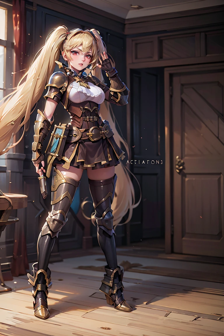 ((masterpiece,best quality)), absurdres, <lora:Layla_ML_v2:0.7>, Layla_ML,  solo, 1girl, twintails, blonde, blonde hair, long hair, very long hair, red eyes, shiny metal, full body armor, breastplate, fingerless gloves, shoulder armor, gauntlets