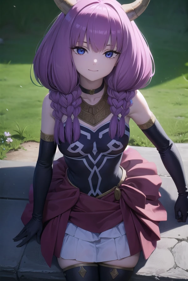 aura the guillotine, <lora:aura the guillotine v2-lora-nochekaiser:1>,
aura the guillotine, long hair, (purple eyes:1.1), purple hair, braid, horns, twin braids, smile,
BREAK skirt, thighhighs, gloves, choker, black gloves, elbow gloves, magical girl,
BREAK outdoors,
BREAK looking at viewer,
BREAK <lyco:GoodHands-beta2:1>, (masterpiece:1.2), best quality, high resolution, unity 8k wallpaper, (illustration:0.8), (beautiful detailed eyes:1.6), extremely detailed face, perfect lighting, extremely detailed CG, (perfect hands, perfect anatomy),