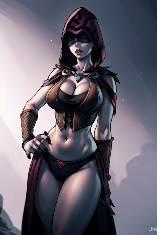 masterpiece,best quality,extreme detail,8k,image sharpness,<lora:series:0.8>, seris2,1girl,solo,breasts,large breasts,navel,cleavage,jewelry,medium breasts,underwear,panties,cowboy shot,midriff,hood,lips,pale skin,black nails,covered eyes,