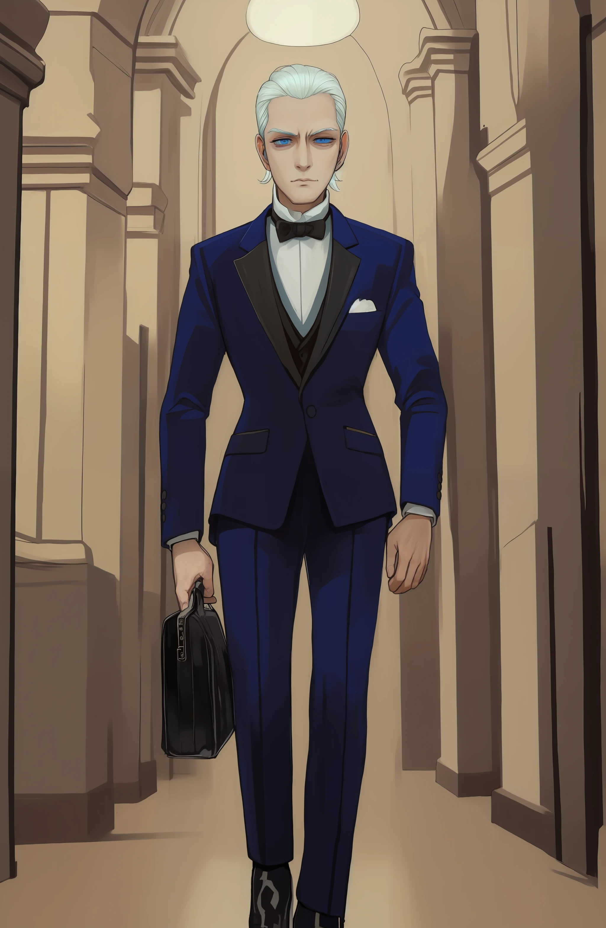 Mossacannibalis,Mossacannibalis Style,Mossacannibalis \(Artist\), 1 man,1boy ,solo, white hair, dark blue eyes, wearing a buisnes suit, tuxedo, background: hallway,<lora:Mossacannibalis-Style_V2:1>