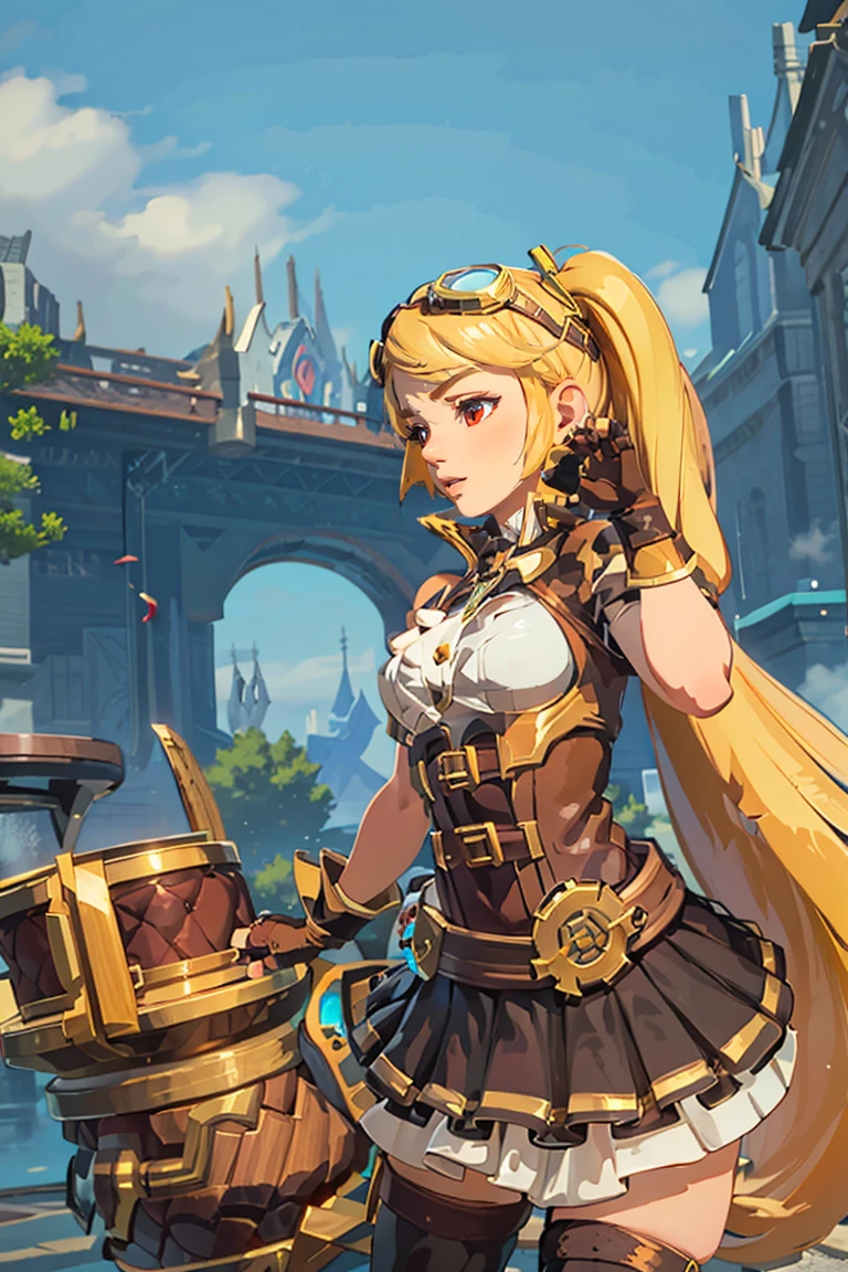 <lora:botw_style_offset:0.8>,((masterpiece,best quality)), absurdres,  <lora:Layla_ML_v2:0.8>, Layla_ML,  solo, 1girl, twintails, blonde, blonde hair, long hair, very long hair, red eyes, goggles, goggles on head, gloves, thighhighs, skirt, short sleeves, fingerless gloves, puffy sleeves, brown gloves, puffy short sleeves,