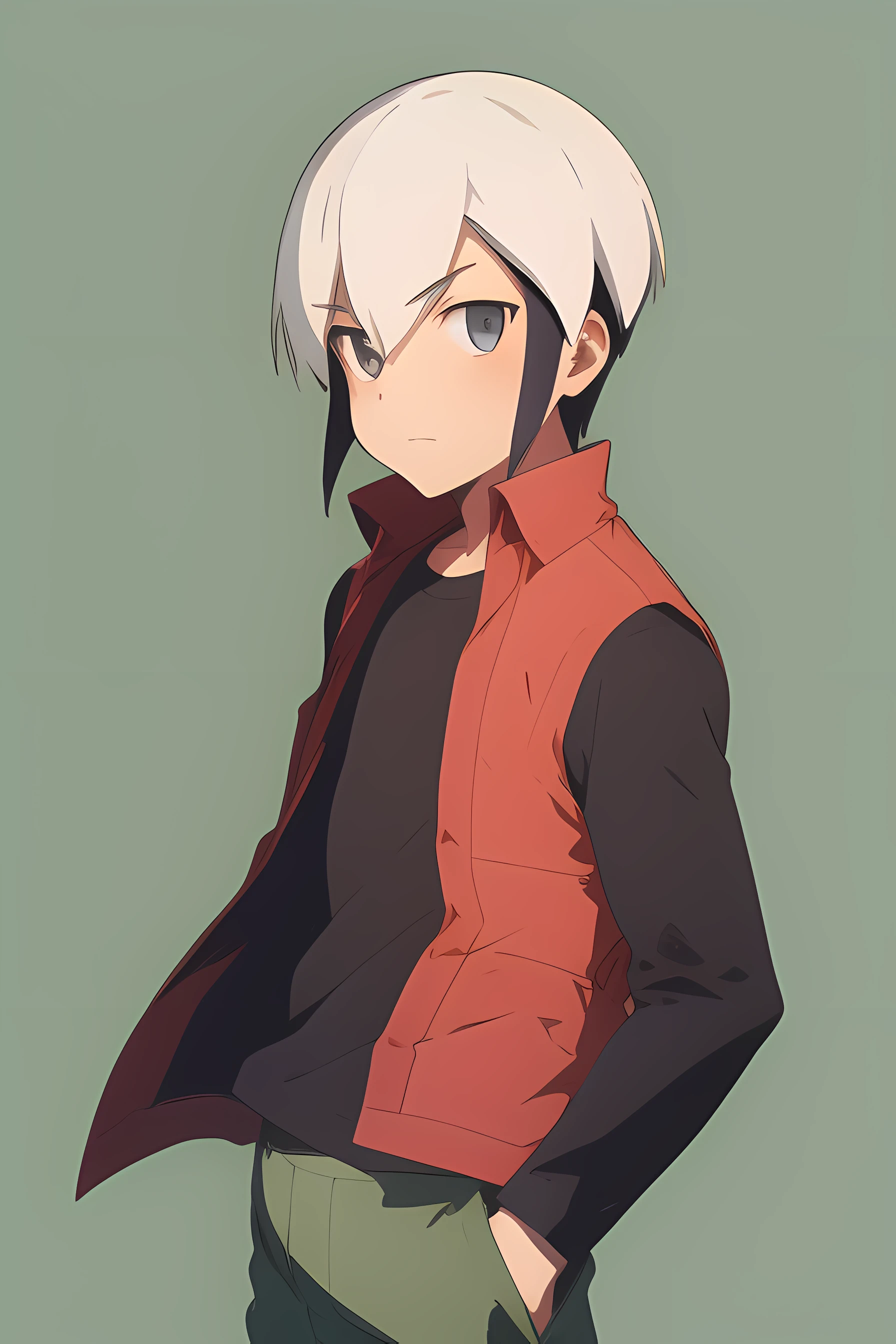 1boy, Eugene Chaud, short hair, two tone hair, (long sleeved black shirt:1.2), sleeveless red jacket, open jacket, green trousers, simple background, perfect hands