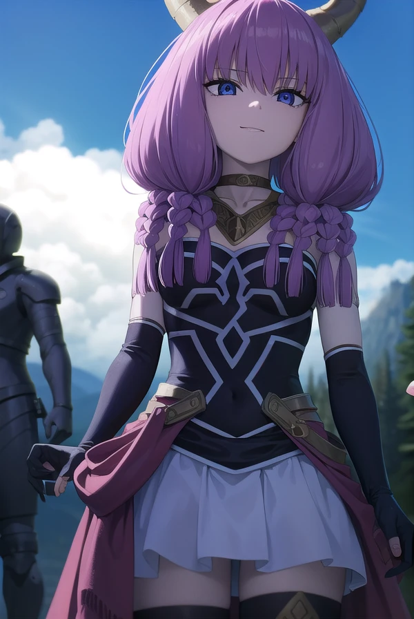 aura the guillotine, <lora:aura the guillotine v2-lora-nochekaiser:1>,
aura the guillotine, long hair, (purple eyes:1.1), purple hair, braid, horns, twin braids, smile,
BREAK skirt, thighhighs, gloves, choker, black gloves, elbow gloves, magical girl,
BREAK outdoors,
BREAK looking at viewer,
BREAK <lyco:GoodHands-beta2:1>, (masterpiece:1.2), best quality, high resolution, unity 8k wallpaper, (illustration:0.8), (beautiful detailed eyes:1.6), extremely detailed face, perfect lighting, extremely detailed CG, (perfect hands, perfect anatomy),