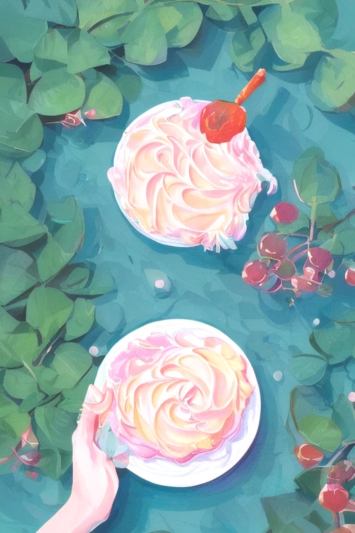 crl_fd6 style, masterpiece, best quality, extremely detailed, detailed background, detailed pastel colors, illustration, watercolor, paint splatter, cake, dessert, fruits, dripping paint