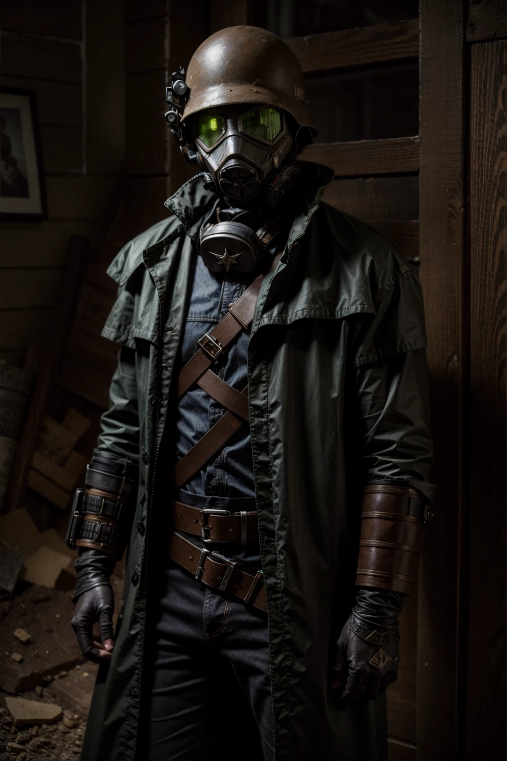 (realistic:1.3), finely detailed, quality, rembrandt lighting, (masterpiece:1.2), (photorealistic:1.2), (best quality), (detailed skin:1.3), (intricate details), dramatic, ray tracing, 1boy, solo, <lora:Desert_Ranger_-_Fallout_new_vegas-000006:1>, Desert Ranger, front, standing, looking at camera,