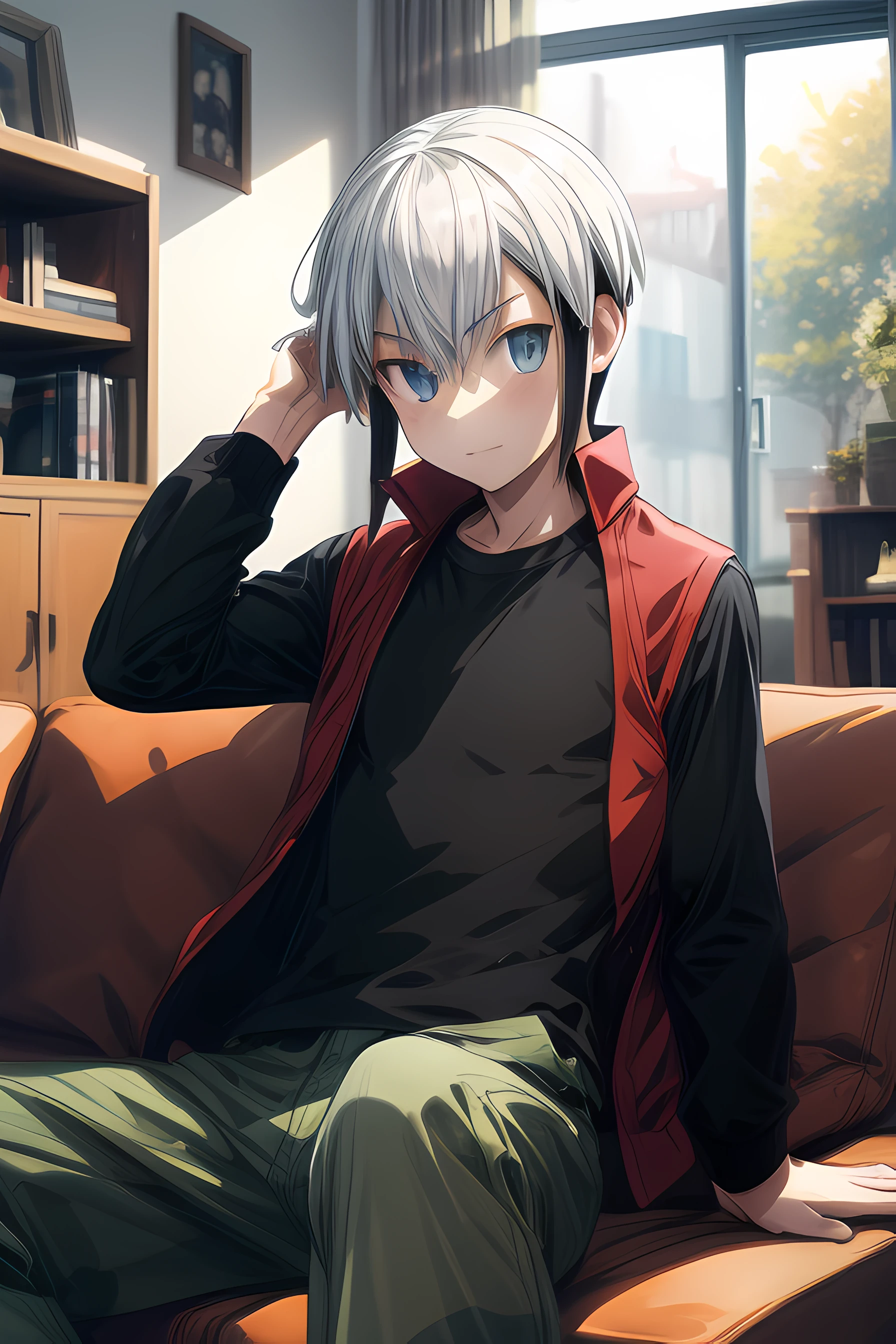 Eugene Chaud, short hair, two tone hair, (long sleeved black shirt:1.2), sleeveless red jacket, open jacket, green trousers, indoors, living room, sitting, on couch, more_details:1, perfect hands