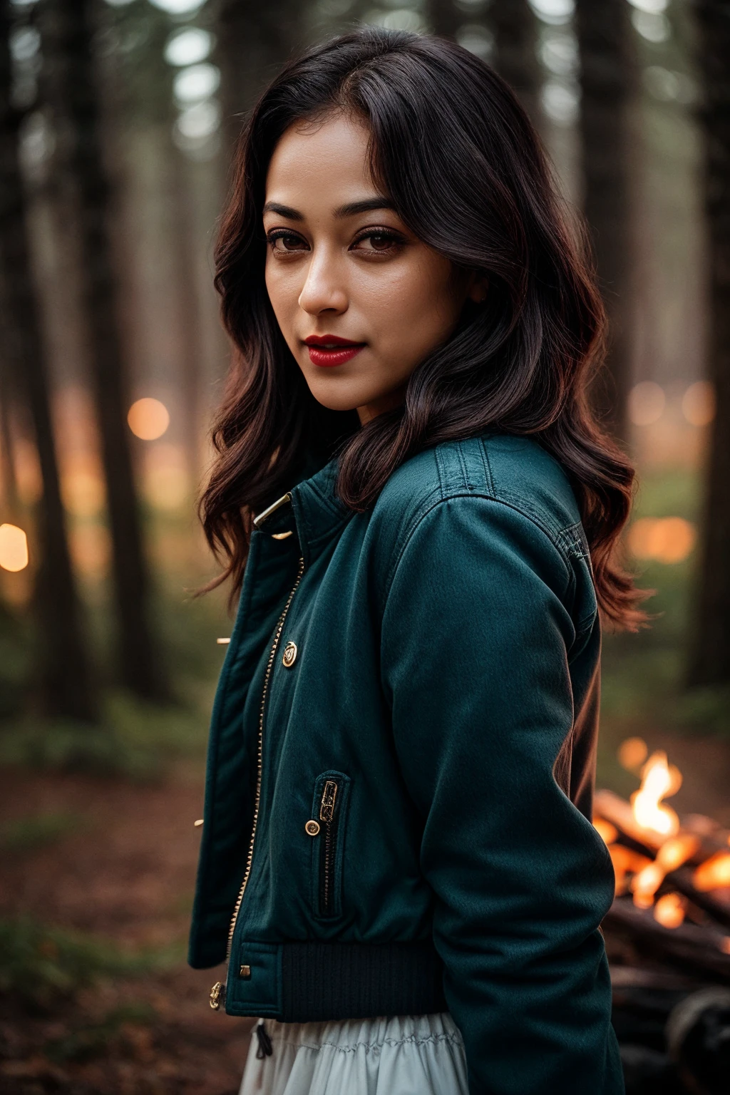 photo of (EPSun4y4n4F0zd4r:0.99), closeup portrait, perfect hair, (modern photo, [ Wool-blend bomber jacket|Striped cardigan  |Faux fur-trimmed parka jacket in a chic and sophisticated navy blue]), 24mm, (analog, cinematic, film grain:1.3), (([ethereal grove of druidic wisdom, timber,ceramic tiles, campfires,lanterns with real flames, motion sensor lights| fuji mountain], gradient:1.1)), ((detailed eyes)), ((eyeliner, long lashes)), (epicPhoto), long eyelashes, (perfect waist), (painted lips)