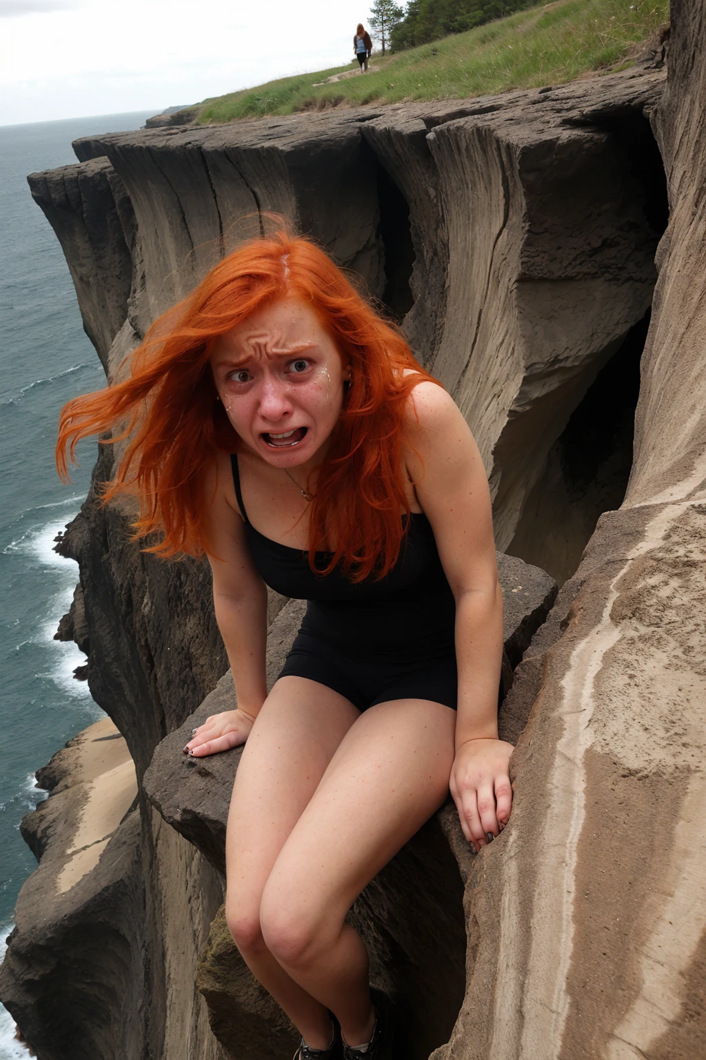 a redhead standing at the edge of a cliff BREAK with a (scared:1.4) expression on her face, terror, in tears
<lora:scared_v1:1.0>