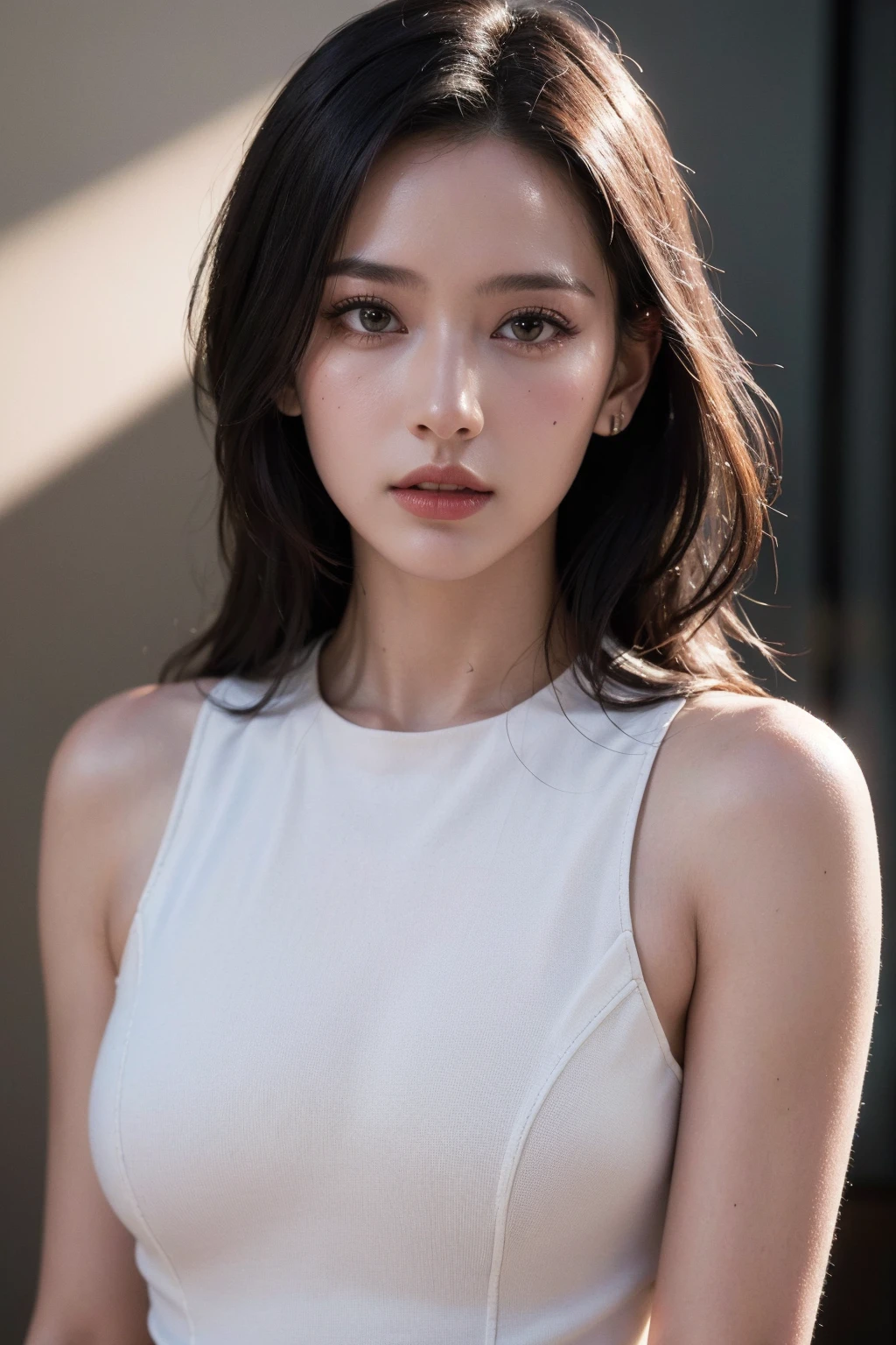 (best quality:1.4),(masterpiece:1.4),(photorealistic:1.4),(Realistic:1.2),(ultra high res, raw photo:1.4),(hdr, hyperdetailed:1.2),(8K:1.2),cinematic photo 1girl,(high detailed skin:1.1),(8k uhd, dslr, high quality:1.1),full body,black hair,Bubble Textured Crew Neck Midi Dress,(red lips:0.8),(mascara:1.1),(looking at viewer, portrait:1.1),(backlight:1.1),<lora:Again_Girl_A5:0.8>,