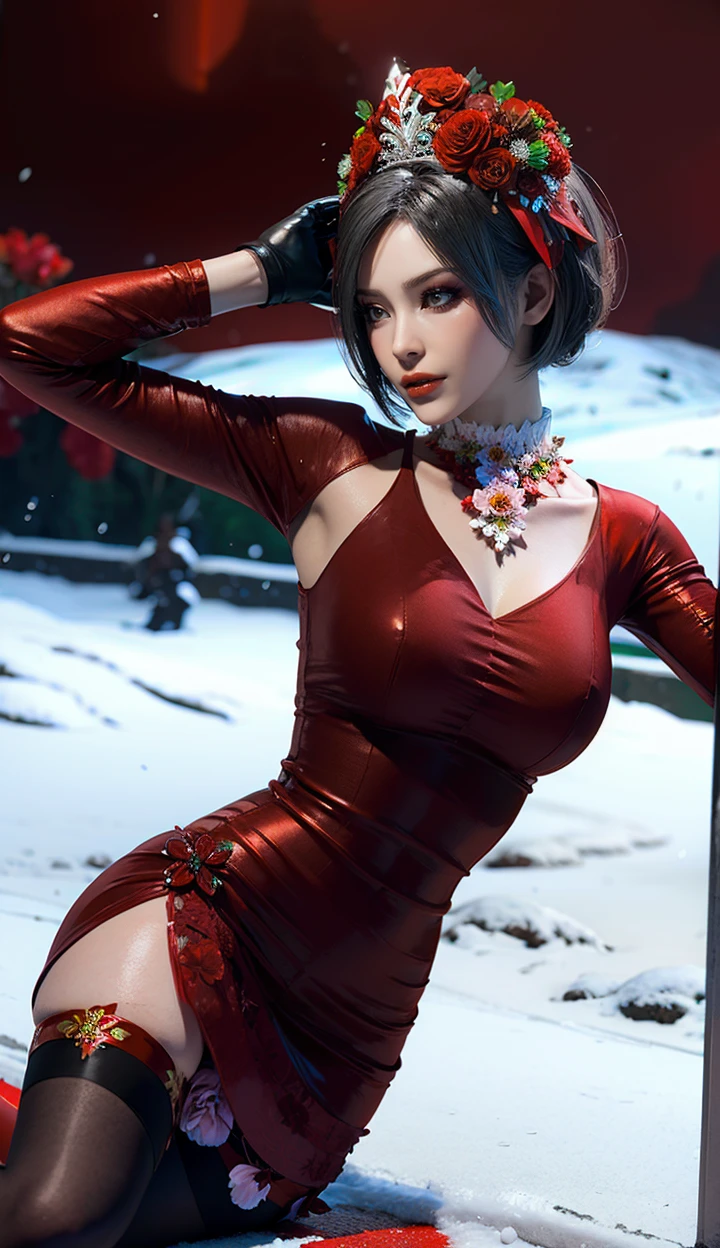 masterpiece,highres,1girl,solo,sfw,<lora:add_detail:0.3>,looking_away,dutch angle,long legs,(((covering breasts))),dynamic_angle,thighhighs,ada wang,<lora:adawang-000005:0.75>,((beautiful Dress+stocking):1.25),((flower headdress:1.45)),((red theme:1.75)),snow,outdoors,snowflakes,