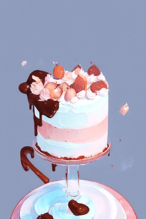 crl_fd6 style, masterpiece, best quality, extremely detailed, detailed background, detailed pastel colors, illustration, watercolor, paint splatter, cake, dessert, fruits on top, dripping chocolate,