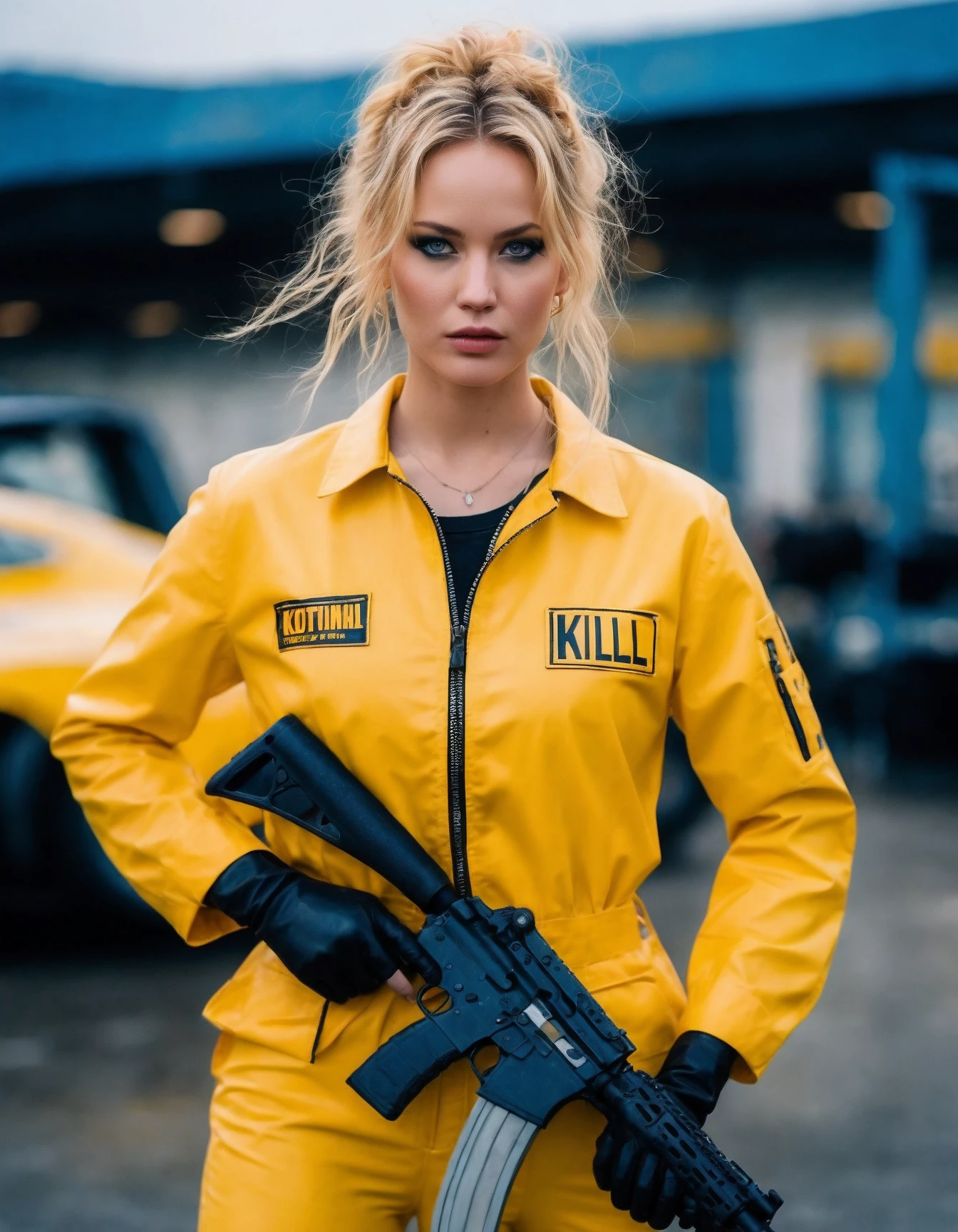 cinematic photo (full height:1.3), a relentless ((ohwx woman)) As Beatrix Kiddo (The Bride) from Kill Bill. In a classic yellow jumpsuit, katana drawn, surrounded by the Crazy 88. Inspired by Krenz Cushart, neoism, kawacy, wlop, gits anime. Her blonde hair soaked in determination, out for vengeance.<lora:lawrence_dh128_v1-step00012000:1.1> . 35mm photograph, film, bokeh, professional, 4k, highly detailed