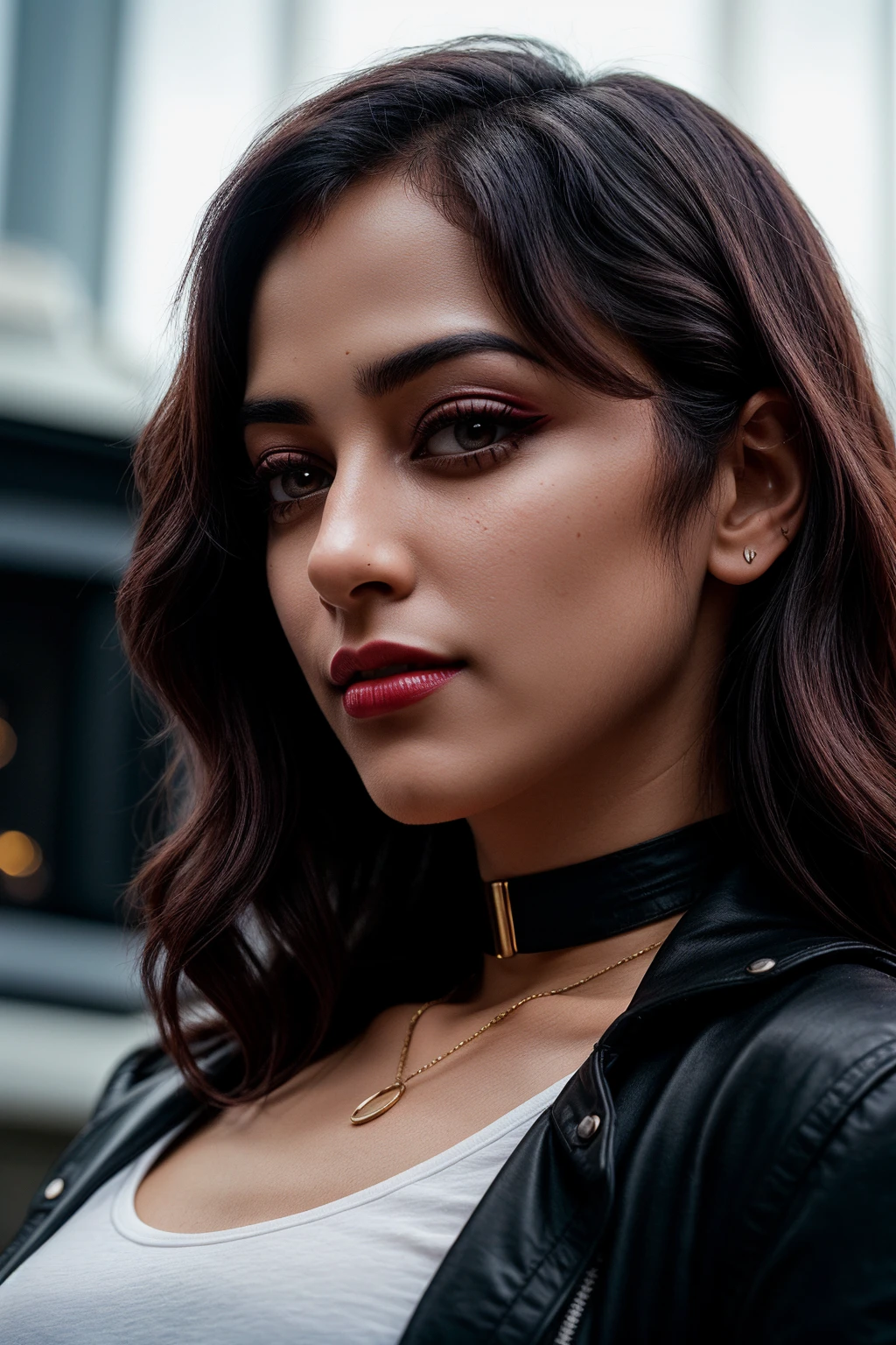photo of (EPSun4y4n4F0zd4r:0.99), closeup portrait, perfect hair, (modern photo, skin tight white blouse, black choker), ponytail, perfect realistic skintexture, 24mm, (analog, cinematic, film grain:1.3), (([discreet holographic projection club, shoe rack, bamboo flooring,slate, led bulbs,bioluminescent organisms, uplighting, cyberpunk, sci-fi| prairie], gradient:1.1)), ((detailed eyes)), ((eyeliner, long lashes)), (epicPhoto), long eyelashes, (perfect waist), (painted lips), dark eyeliner, blush,