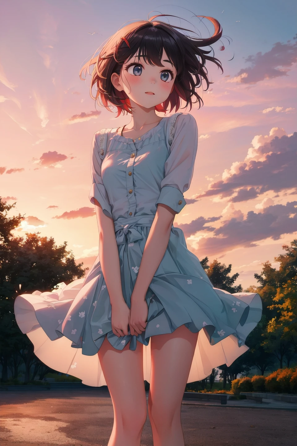 masterpiece,best quality,1girl,park,dynamic,wind,short hair,dusk