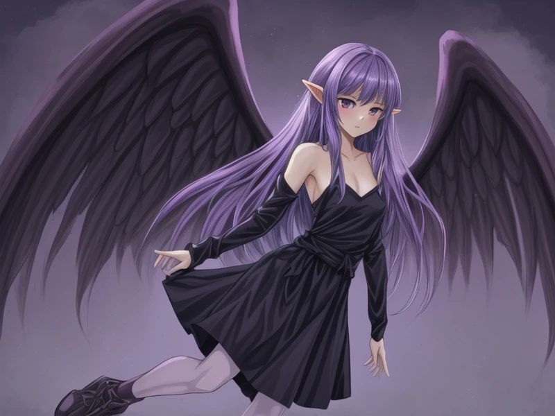 <lora:Night_Wing_Sorceress_v1:1>Night Wing Sorceress,1girl,purple hair,purple eyes, pointy ears, tsurime, black dress,pantyhose, sleeveless, fingerless gloves,waist ribbon,feathered wings, long dress,sfw,, <lora:flat2:-0.5> ,<lora:flatBG:-0.5> ,<lora:hyperdetailer_v095:0.2>,(dark light:1.0),(hyper extreme detailed),(masterpeace:0.5),(hyper extreme),(photorealistic),game cg,llustration,novel illustration,beautiful lighting,light from the front,good_hands,beautiful art ,BREAK