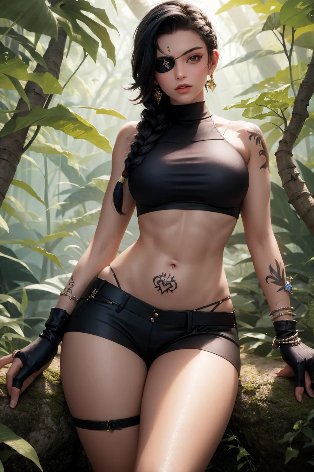 (masterpiece:1.2), (best quality:1.2), 1girl, <lora:SamiraDefault:1>, SamiraDefault, dark skin, black hair, long hair, braid, eyepatch, crop top, midriff, navel, shorts, thighs, tattoo, jewelry, fingerless gloves, in a forest, trees