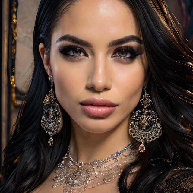 (masterpiece:1.2), (best quality,:1.2), 8k, HDR, ultra detailed, ((photorealistic)), professional light, cinematic lighting, fashion photography, ambient lighting, face lighting, Victoria, <lora:Victoria-10:1>, dynamic pose, earrings, choker, necklace, messy and long hair, dark makeup, looking at viewer, ((portrait shot)), OverallDetail, fhanddetail, ffacedetail, <lora:detail_slider_v4:3.5>,