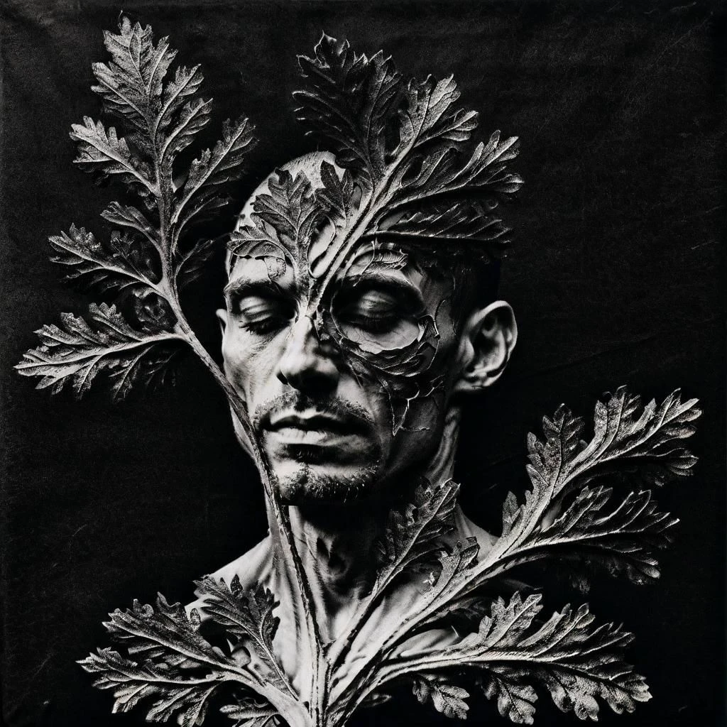 ASCIILiving Man face growing with a leaf, veins, body fluids, on a dark background, photography in the style of K4RL, black and white, detailed, intricated, full