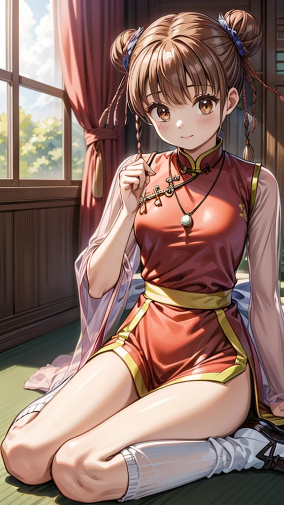 meirin ,1girl ,solo ,brown eyes,brown hair,china dress,chinese clothes,hair bow,hair bun,loose socks,pendant,red dress,see-through sleeves, skirt,sleeveless dress,twin braids,loose socks,skindentation,(skintight:1.2),(shiny:1.2), <lora:add_detail:0.65>,room, <lora:meirin:1>,sit, (masterpiece), (best quality), (ultra-detailed), intricate detail,